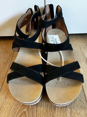 Josef Seibel Black Suede Wedge Sandals with Ankle Zip